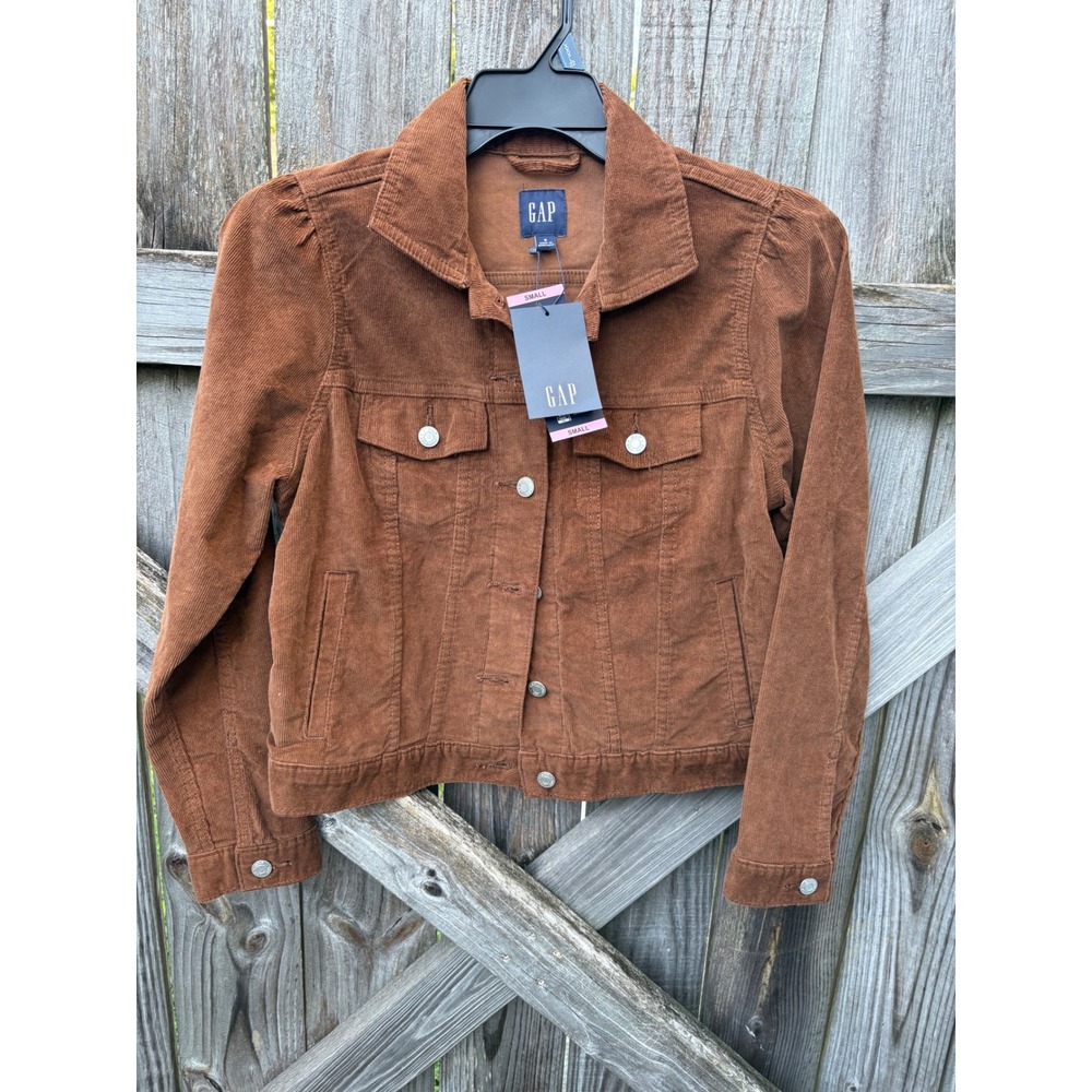 Gap Womens Corduroy Trucker Jacket Brown Puff Sleeve Cropped GP006028 Small NWT